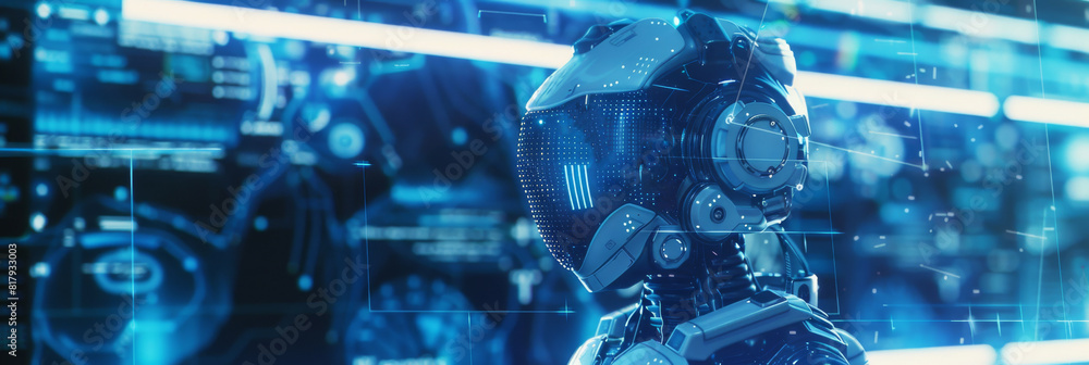 Fototapete robot with sci-fi overlays and copy space for ai concepts, mixed digital 3d illustrations and matte 