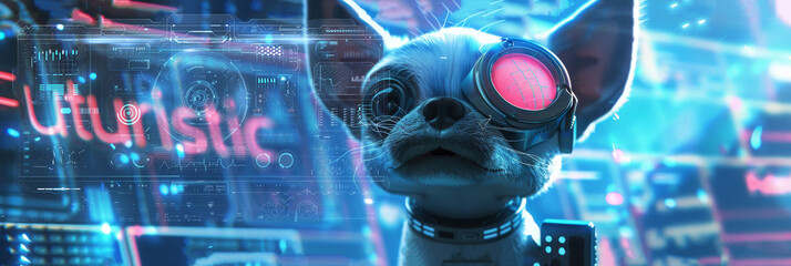 A robot dog or other animal pet toy with a surprised expression, a combination of 3D digital illustration and matte painting