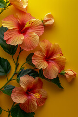 Vibrant Hibiscus Flowers on Sunny Yellow Background   Tropical Floral Beauty