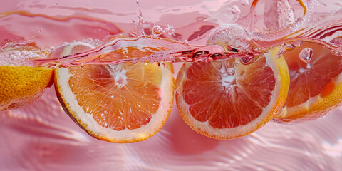 Refreshing Citrus Slices in Sparkling Pink Water   Vibrant and Energetic Fruit  for Modern Design