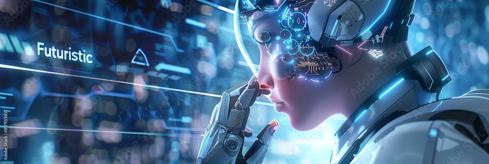 Fototapete An artificial intelligence concept with a glossy futuristic robot and automatic software. A mixed digital 3D illustration and matte painting are used to produce the image