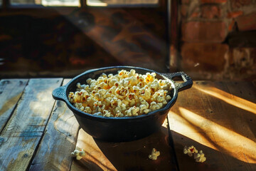 Rustic Setting with Freshly Popped Popcorn in Cast Iron Skillet on Wooden Table