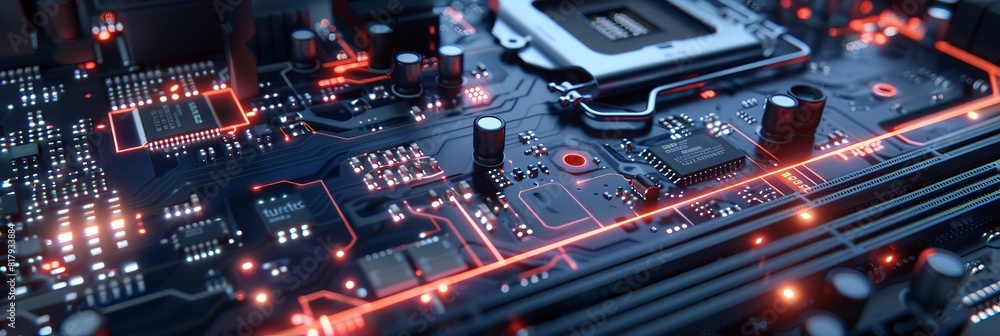 Poster A closeup macro of the motherboard components of a computer