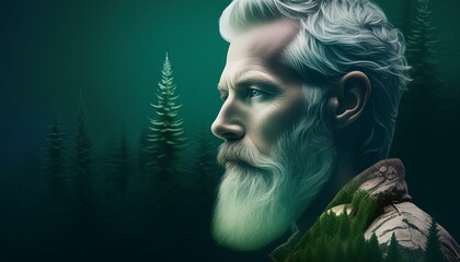 Close-up of a bearded man with a serious expression, overlaid with an image of a dense 