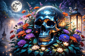 A gloomy night with a big moon, a skull and flowers.