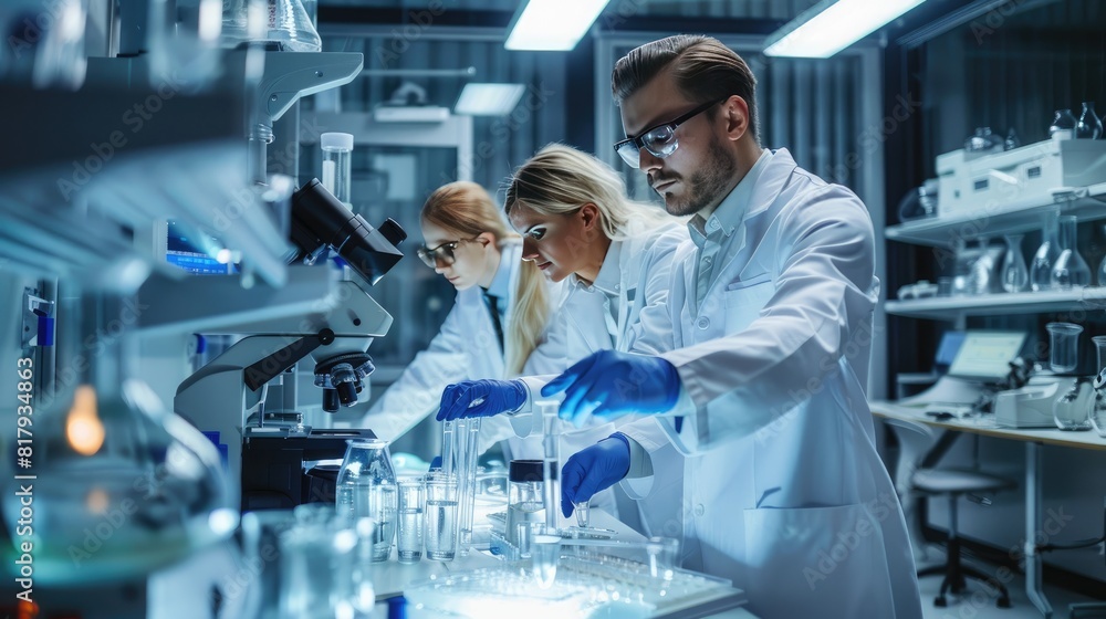 Poster three scientists in lab coats are working on a project. they are wearing gloves and are focused on t
