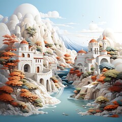 Fantasy landscape with mountains, trees and sea. Digital illustration.