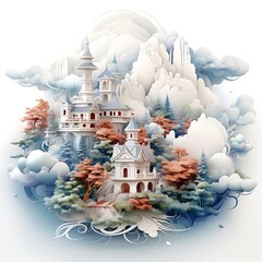 Fantasy landscape with mountains, trees and sea. Digital illustration.