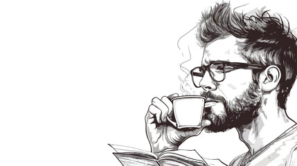 Pensive bearded man with glasses holding cup drinking