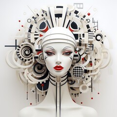 3d rendering of a female robot in a headdress made of white and black elements