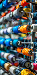 Colorful Thread Spools on Wall Display in Sewing Studio   Textile and Craft Supplies