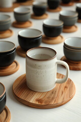 Beautiful handmade ceramic mug with a wooden coaster. Generative ai.