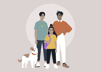 A full length multiracial family portrait, a gay couple, their child, and a dog