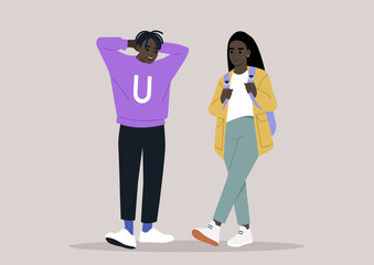 Two friends casually stroll together, one with a backpack and the other with hands behind their head, enjoying a relaxed conversation