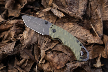Military tactical knife on dry autumn leaves in the forest