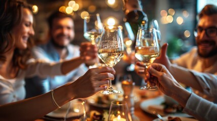 A group of friends joyfully raise their wine glasses in a toast, celebrating a successful meal together at a dinner party