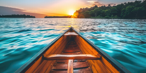 Relaxing canoe view in water of beautiful lake, coast at sunset, nobody. Wooden boat on the calm fresh water of the lake. Nature relax wallpaper.