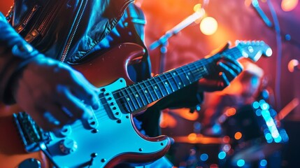 Obraz premium A talented man energetically plays an electric guitar on stage during a concert, captivating the audience with his music