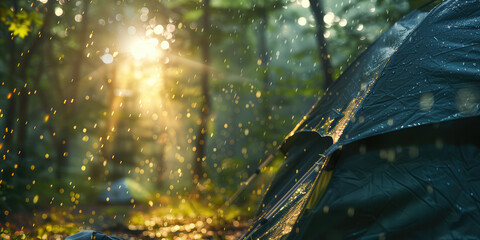 Tent for camping in the wild forest surrounded by rain in summer, Nature relax wallpaper.