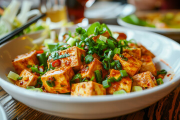  Delicious Spicy Tofu Salad Garnished with Fresh Green Onions in White Bowl