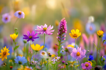 Fototapeta premium Vibrant Wildflower Meadow in Full Bloom Under Soft Sunlight in Spring