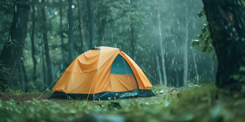 Tent for camping in the wild forest surrounded by rain in summer, Nature relax wallpaper.