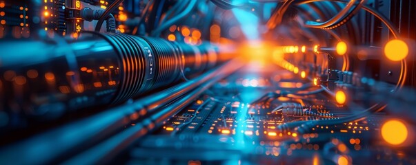 A network of glowing fiber optic cables bundled together, transmitting data at high speeds