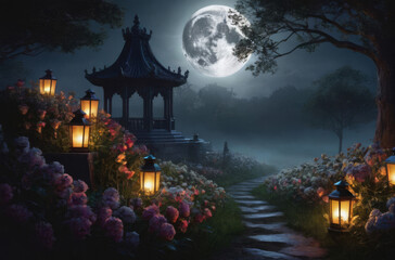 Fototapeta premium A gloomy night with a big moon, a skull and flowers.