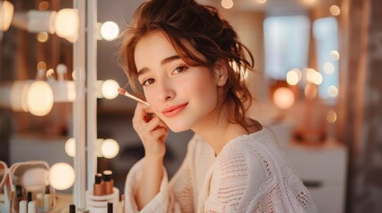 A woman gracefully applying makeup in front of a vanity mirror - Powered by Adobe