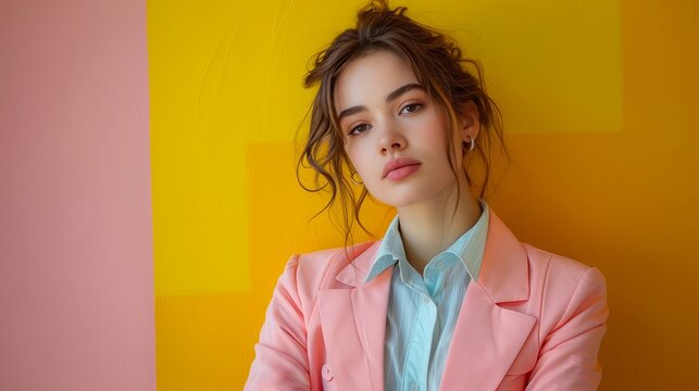 A beautiful young woman in a pink suit and blue shirt posing against a yellow pink colored background, fashion magazine