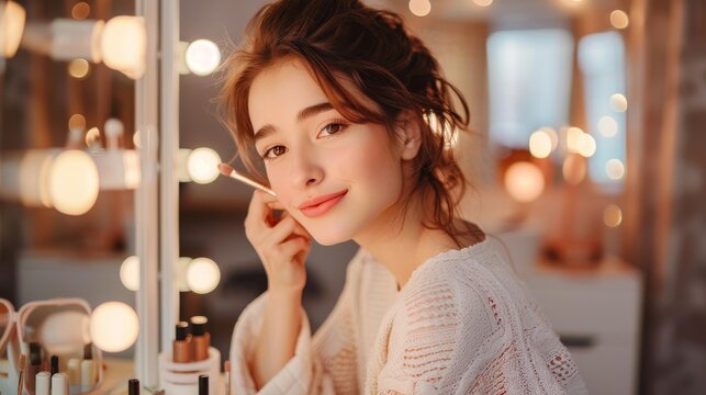 A woman gracefully applying makeup in front of a vanity mirror