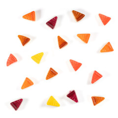 Set of delicious jelly candies in shape cheesecake on white background