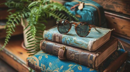 A fashionable pair of sunglasses resting on top of a carefully stacked pile of books, blending style with intellect