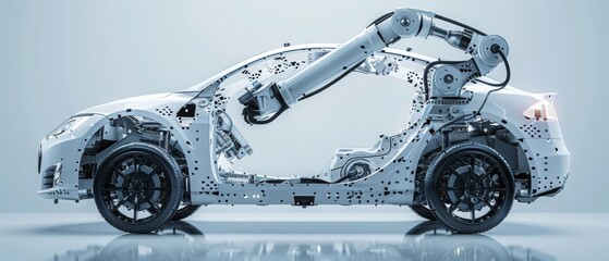 A white car with a robotic arm on the hood