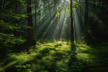 Naklejka premium Sunlight Filtering Through Dense Forest Canopy Illuminating Green Undergrowth