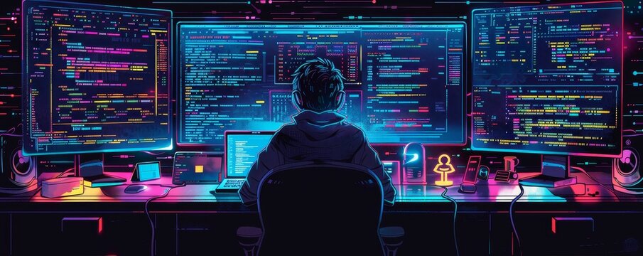 A programmer sits at a desk with multiple computer screens, writing complex code with colorful syntax highlighting