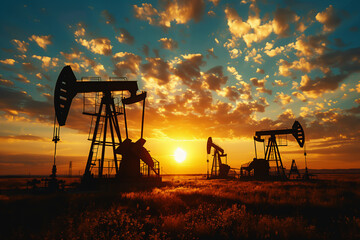 Naklejka premium Oil drilling derricks at desert sunrise