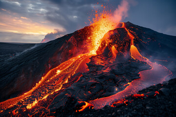 Volcano erupts and lava flows