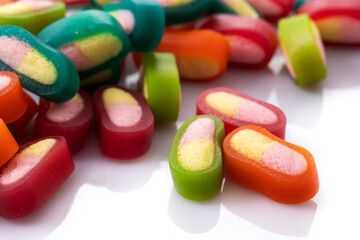 Colorful gummy jelly candies on white. Jelly sweets