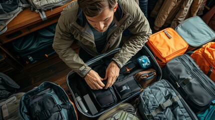 A man strategically arranging travel essentials in a carry-on bag amidst a room filled with an abundance of luggage