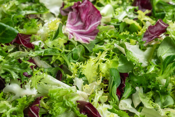 Mixed salad leaves frisee, radicchio and lamb's lettuce. Background, texture