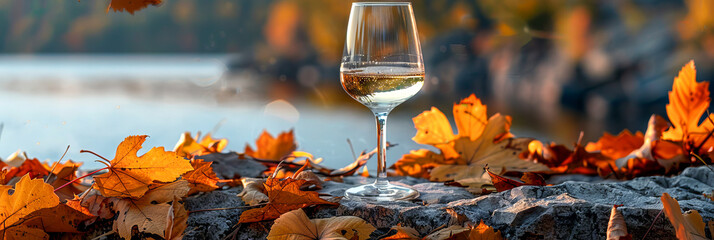 Glass of White Wine on a Rock with Autumn Leaves and Scenic Lake View