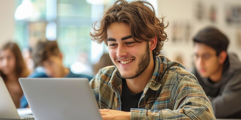 Smiling Male Student Using a Laptop in Class, Engaged in Online Learning and Education