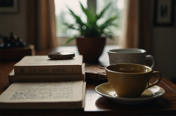 Fototapeta premium A Cup of Herbal Tea, Books, and Potted Plants on a Wooden Table, Creating a Calming Decor for a Balanced and Mentally Relaxing Environment - Perfect for Wellness and Tranquility Themes