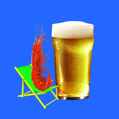 Shrimp sitting on green lawn chair, next to glass of lager foamy beer on blue background. Perfect...