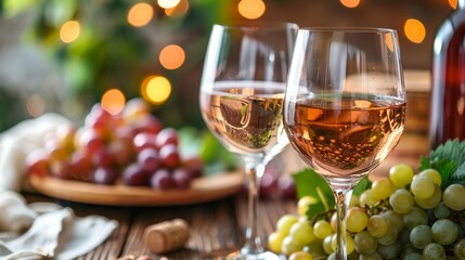 Two glasses of wine sit beside a cluster of fresh grapes on a rustic wooden table, creating a scene...