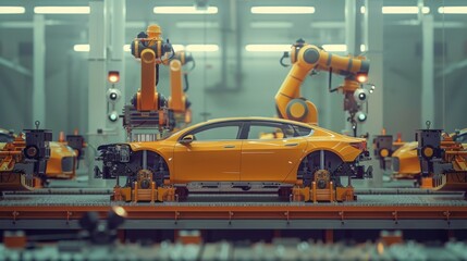 Fototapeta premium A yellow car is being built in a factory