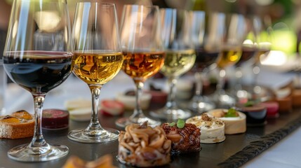 A tray of elegant wine glasses lined up on a table, ready to be filled with the dance of flavors on the palate