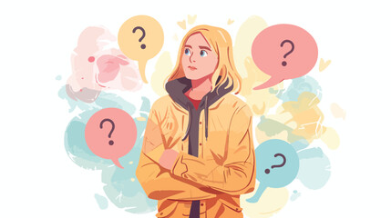 Portrait of cute blonde girl in jacket thinking