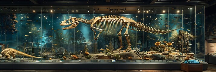 Paleontological Legacy Images of fossil exhibits displayed in museum settings showcasing the enduring legacy of paleontological research and the work of archaeologists in preserving Earths history